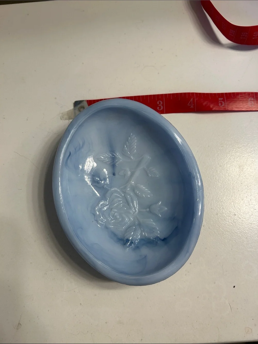 Vintage Avon Light Blue and White Marbled Glass Rose soap dish